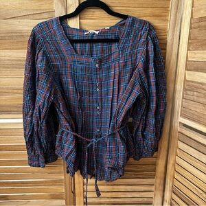 Doen Plaid Button Down Belted Top size XL